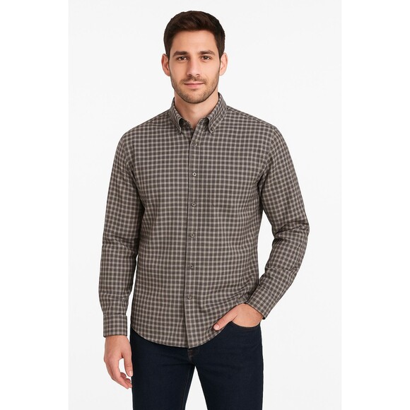 Van Heusen Flex Shirt Men Size XL Gray Brown Plaid Long Sleeve Button Front - Picture 1 of 11